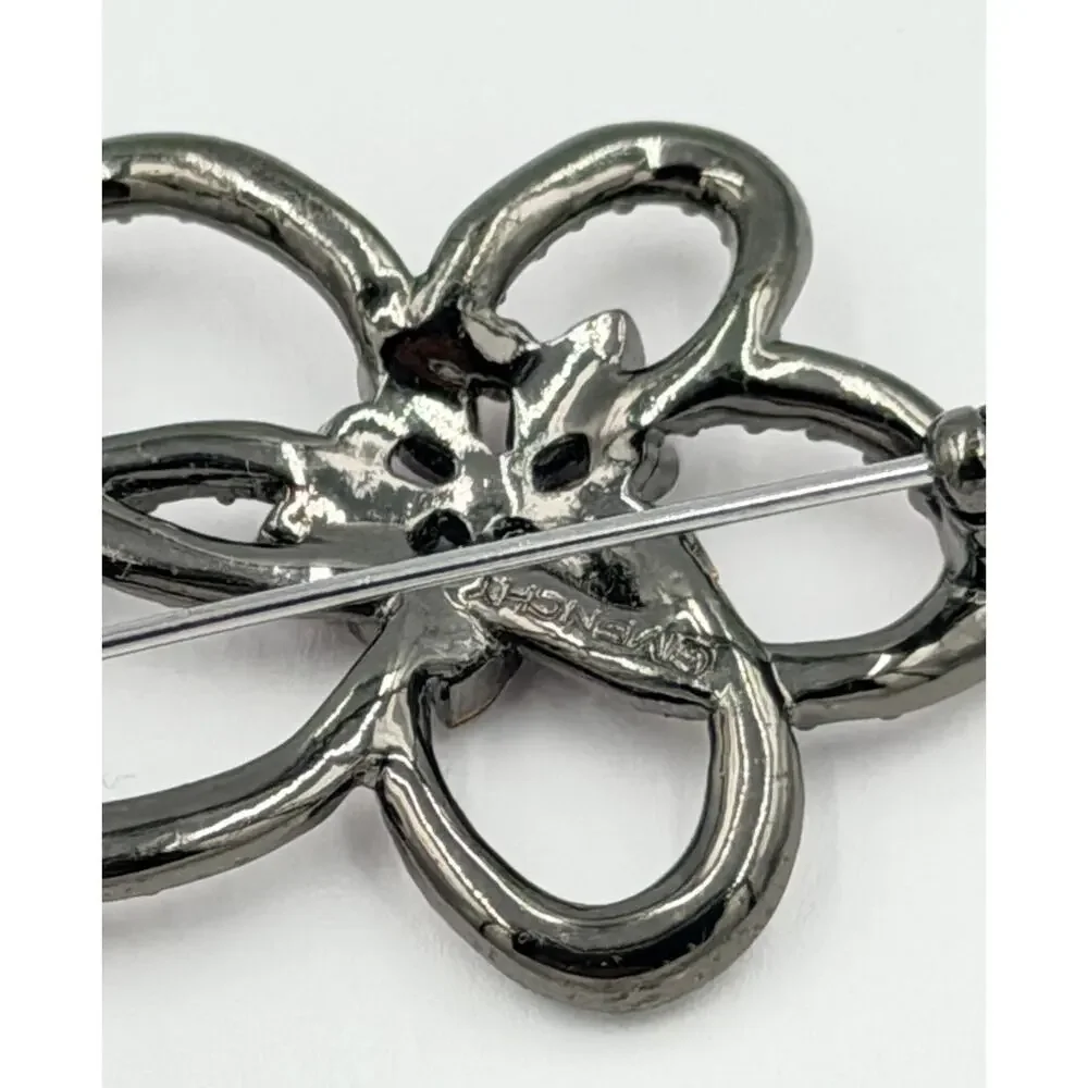 Vintage GIVENCHY Pink Looping Flower Rhinestone Gunmetal Tone Brooch
